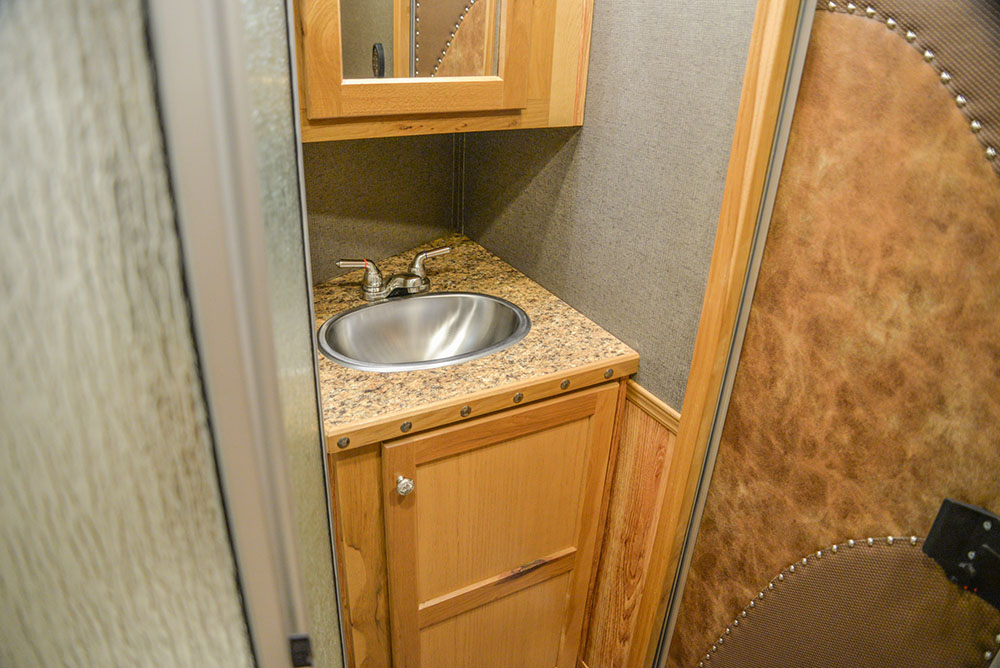 Bathroom Vanity and Detail in a SL8X8FK Laramie Edition Horse Trailer | SMC Trailers